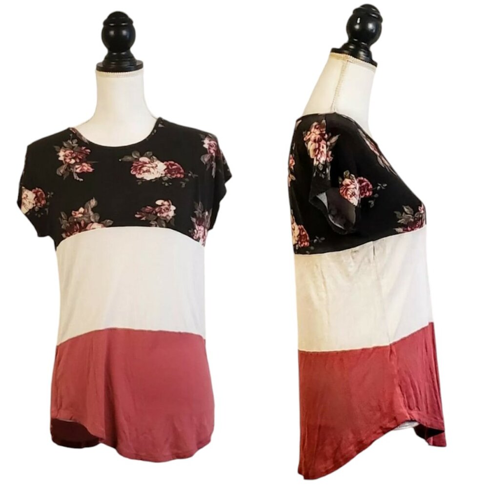 RUE 21 Top, Black White Pink Color Block Floral Rayon Short Sleeve Boho Casual S